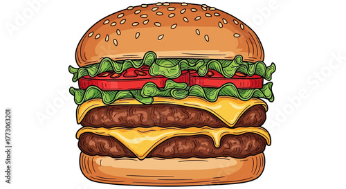 A vibrant, detailed illustration of a classic double cheeseburger with sesame seed bun, fresh lettuce, ripe tomatoes, melted cheese, and two juicy meat patties.