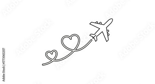 A simple line drawing of an airplane leaving a heart-shaped trail, symbolizing travel and love.