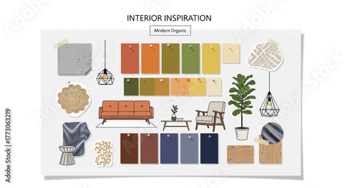 Interior design mood board with a modern organic theme, showcasing furniture, color palettes, and material swatches.