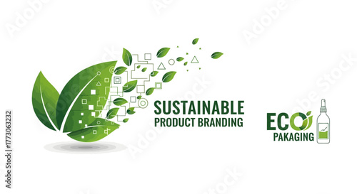 Vector illustration of sustainable product branding and eco packaging concepts with green leaves and abstract geometric elements.