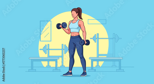Illustration of a woman lifting dumbbells in a gym setting, showcasing fitness and strength training.