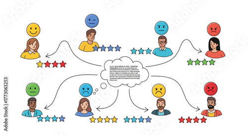 Conceptual illustration of customer feedback, showing diverse people with different emotional responses and star ratings.