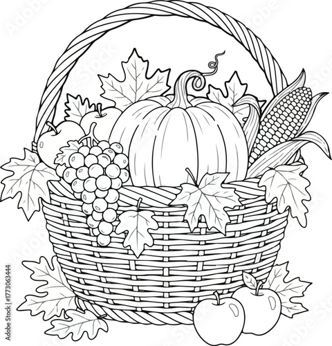 Autumn Harvest Basket Outline Coloring Page Detailed harvest bounty line art for coloring books or Thanksgiving decor