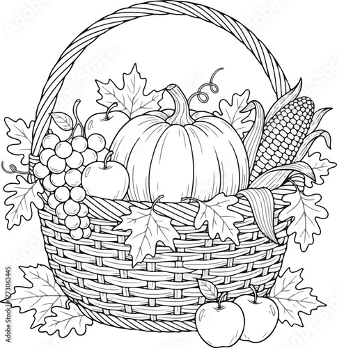 Autumn Harvest Basket Outline Coloring Page Detailed harvest bounty line art for coloring books or Thanksgiving decor