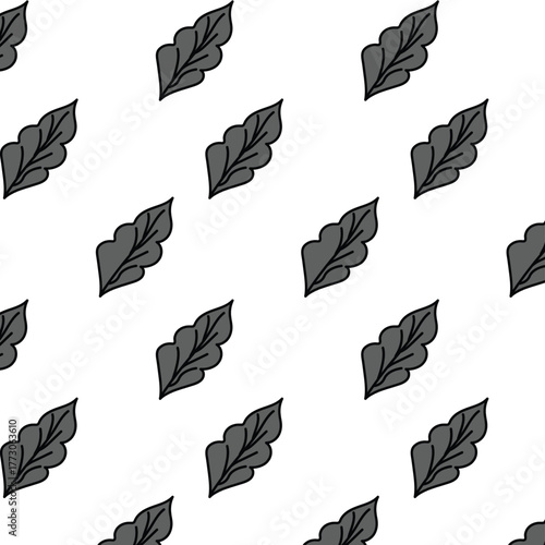 Repeating pattern of stylized gray leaves with black outlines on a white background arranged diagonally