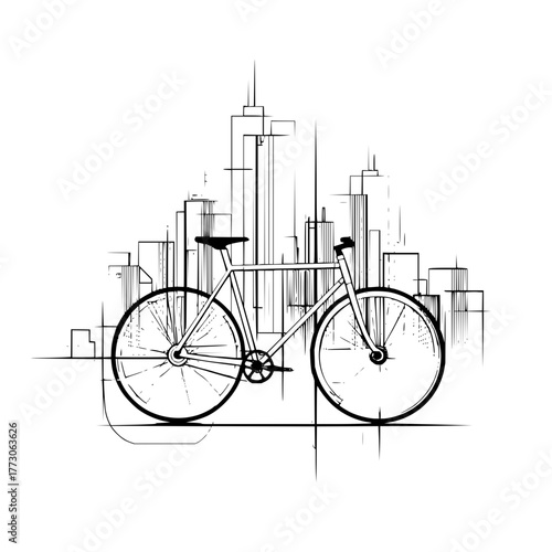 Illustration of a bicycle in front of a cityscape skyline with abstract line art style drawing design