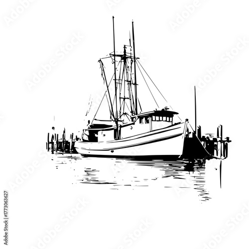 Black and white illustration of a fishing boat docked at a pier with tall masts and rigging visible