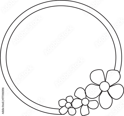 A simple black and white line drawing of a double ring with flowers in the lower right corner
