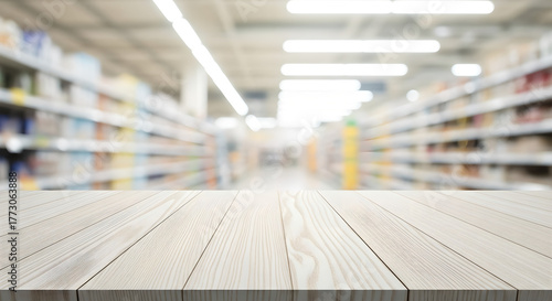 Wallpaper Mural Wooden Table Supermarket Aisle Light Texture Blur Background Copy Space Torontodigital.ca