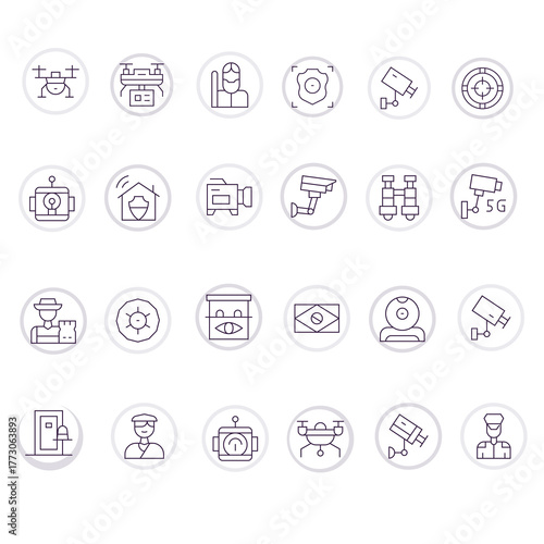 Surveillance icon set symbolizing security, monitoring, and protection technology.