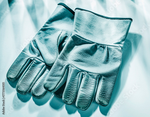 High-resolution image of a pair of work gloves isolated on white background. Textured fabric, realistic folds, soft shadows, industrial lighting
