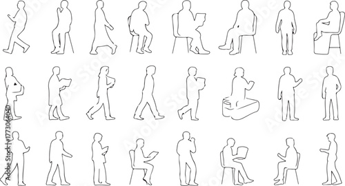 Minimal Human Figures for CAD Drawings, Vector Outline of People in Different Poses such as Sitting, Standing, and Walking for Architectural and Interior Design Plans