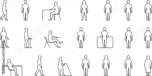 Minimal Human Figures for CAD Drawings, Vector Outline of People in Different Poses such as Sitting, Standing, and Walking for Architectural and Interior Design Plans