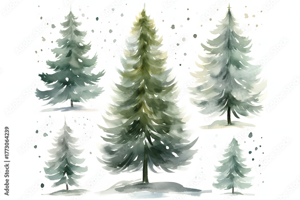 Obraz premium Watercolor painting of five evergreen pine trees with soft falling snow
