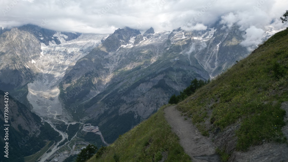Fototapeta premium Mountains Peaks Alps Snow Ice Landscape Scenic View Mont Blanc Switzerland France Italy European Travel Destination Winter Adventure Nature Aerial Panorama Horizon