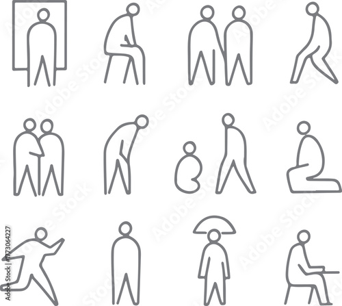 Minimal Human Figures for CAD Drawings, Vector Outline of People in Different Poses such as Sitting, Standing, and Walking for Architectural and Interior Design Plans