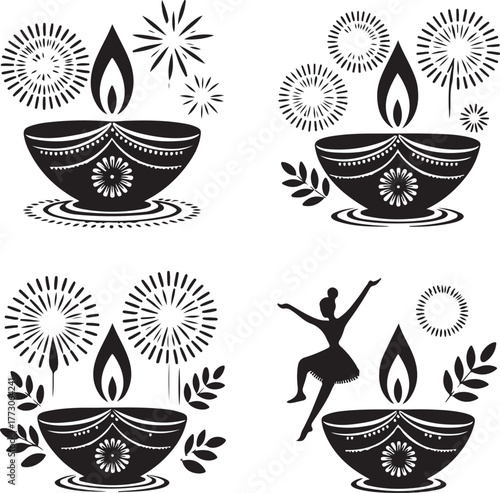 Diwali festival of lights silhouette icon collection