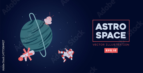 cosmic scene with astronauts and spacecraft in flat vector style