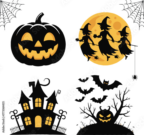 Halloween night silhouette icon collection