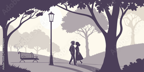 Silhouette of a couple walking on a park path at sunset with trees and sky