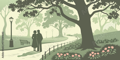 Autumn love: a couple walking a path in a park