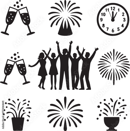 New year party silhouette icons collection