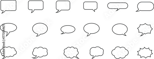 Collection of black outline speech bubbles and thought bubbles on white background comic dialogue