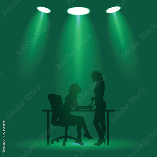 Silhouette office scene with two women under green spotlights, workspace concept