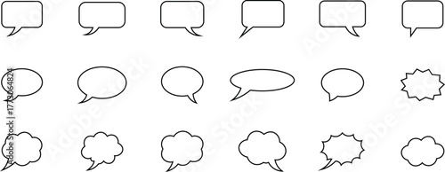 Collection of black outline speech bubbles and thought bubbles on white background comic conversation