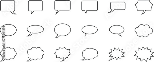 Collection of black outline speech bubbles and thought bubbles on white background comic dialogue 1