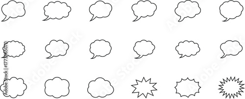 Collection of black outline speech bubbles and starburst shapes on white background talk bubble thought bubble