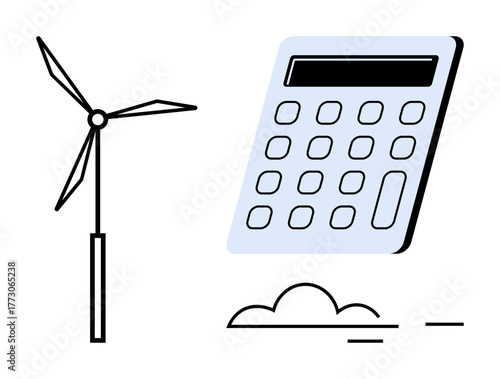 Wind turbine and calculator convey environmental sustainability, energy planning, and cost analysis. Ideal for renewable energy, economics, eco-awareness, green technology, efficiency, innovation