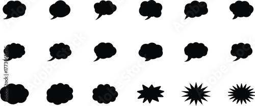 Collection of Black Speech Bubbles and Starburst Shapes on White Background thought bubble talk bubble