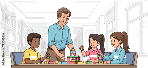 Teacher and three children building a structure with colorful blocks at a table in a library.