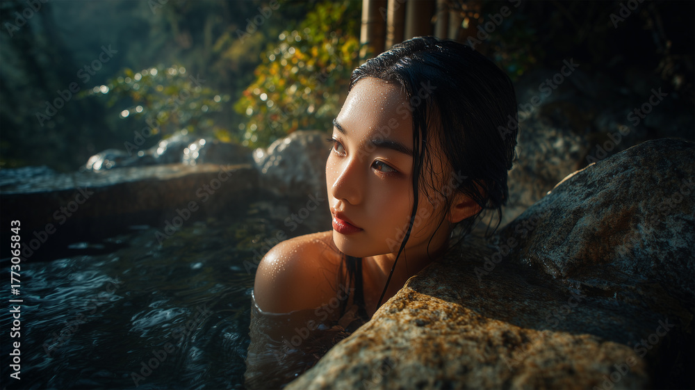 Fototapeta premium 朝霧に包まれる露天温泉美女