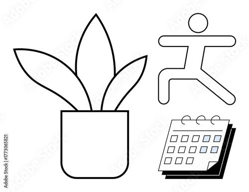 Potted plant symbolizing nature, person in yoga pose for activity, calendar for scheduling. Ideal for wellness, fitness, self-care, time management, mindfulness, health planning simple flat metaphor