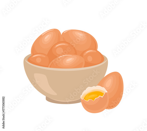 Fresh brown chicken eggs in bowl isolated on white background. Vector cartoon flat illustration.