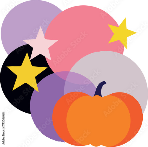 Abstract autumn vector with overlapping circles, stars, and orange pumpkin for festive seasonal decor and graphic design
