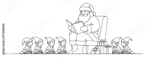 Santa Claus Reading a Christmas Story to Elves Line Art Illustration
