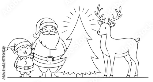 Wallpaper Mural Santa elf and reindeer with glowing christmas tree outline vector for holiday coloring pages and kids activities Torontodigital.ca