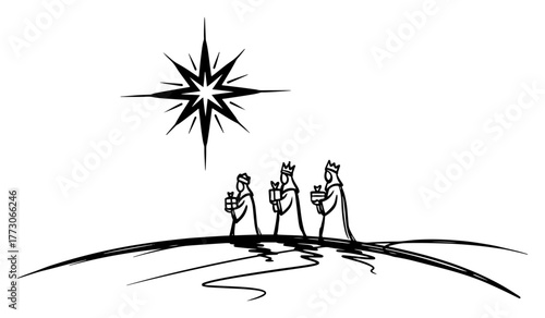 Three Wise Kings Men Following Star of Bethlehem Vector Sketch Christian Christmas Nativity Scene Hand Drawn Illustration