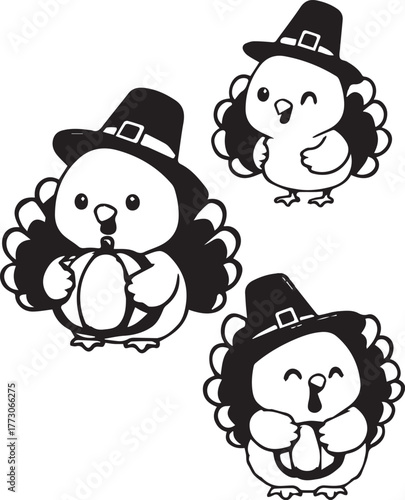 Black and white Thanksgiving turkey vector set with Pilgrim hats, pumpkin, and festive poses for seasonal coloring and decor
