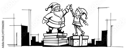 Happy Santa Claus and Elf Giving a High Five Vector Christmas Teamwork Sketch Illustration