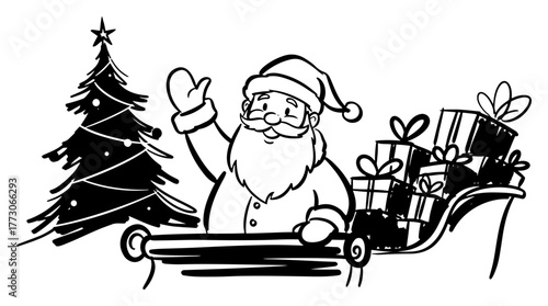 Waving Santa Claus in Sleigh with Gifts Hand Drawn Sketch