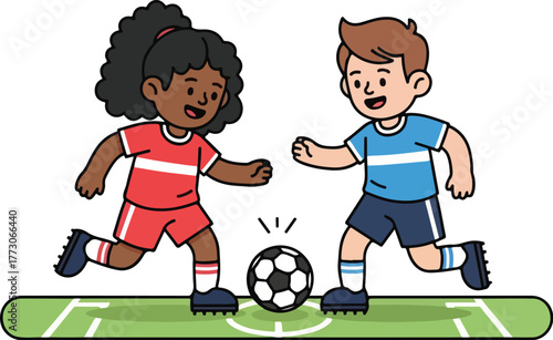 Two young children, a girl and a boy, playing soccer on a green field.