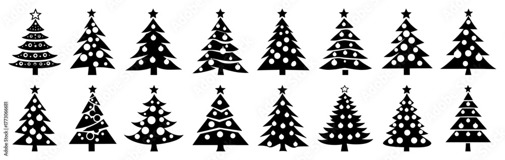 Obraz premium Stylized Christmas Tree Silhouette Vector Icon Set