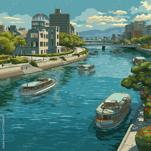 Cityscape of hiroshima, city of Japan, attractive touristic advertisement poster, beautiful touristic must-see destination. Beautiful tourist destination in Asia. Genbaku dome monument after the atomi