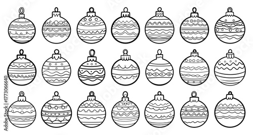 Set of Hand Drawn Christmas Baubles Vector Outline Ornaments with Patterns for Holiday Decoration and Coloring Page