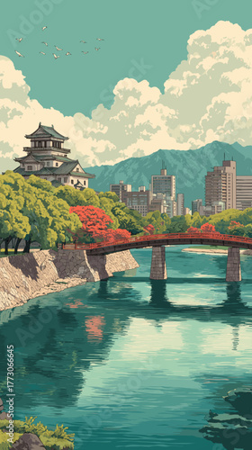 Cityscape of hiroshima, city of Japan, attractive touristic advertisement poster, beautiful touristic must-see destination. Beautiful tourist destination in Asia. Genbaku dome monument after the atomi