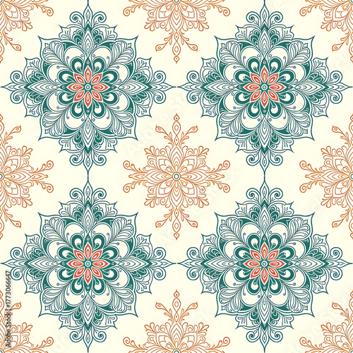 Geometric Mandala Floral Gold and green Seamless Repeat